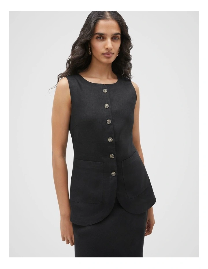 Linen Button Down Vest in Black image 1