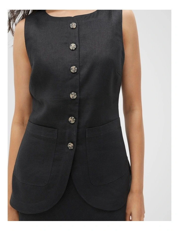 Linen Button Down Vest in Black image 4