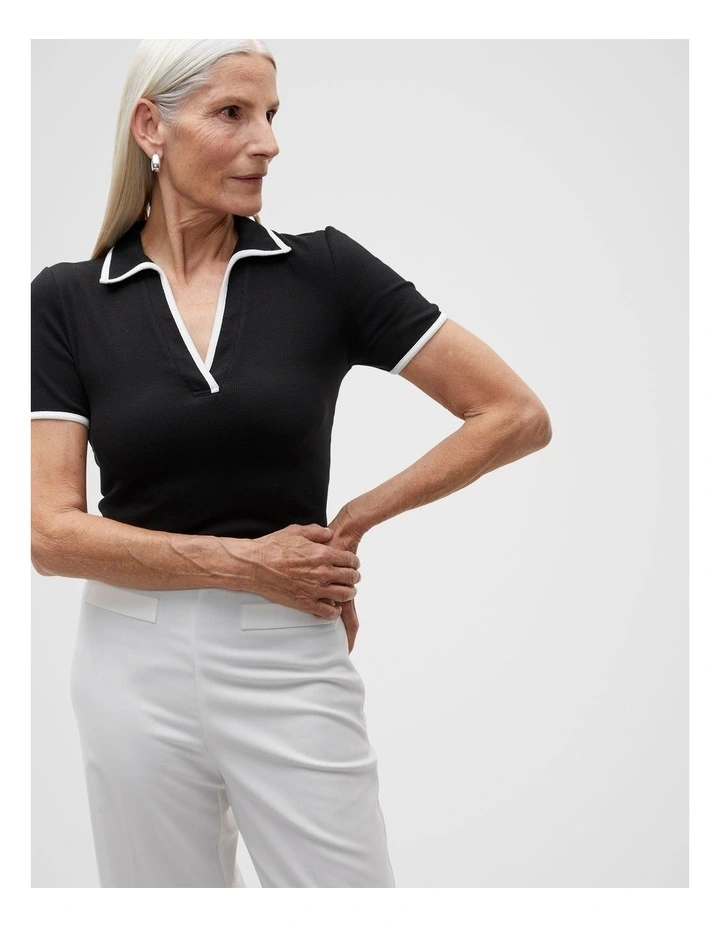 Contrast Rib Polo Top in Black image 1