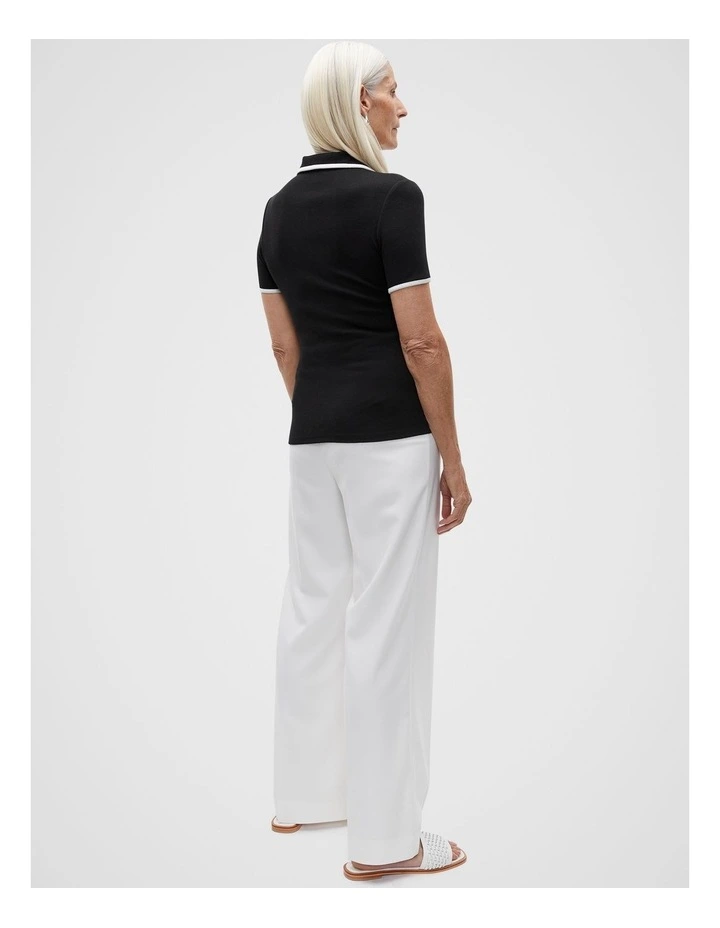 Contrast Rib Polo Top in Black image 2