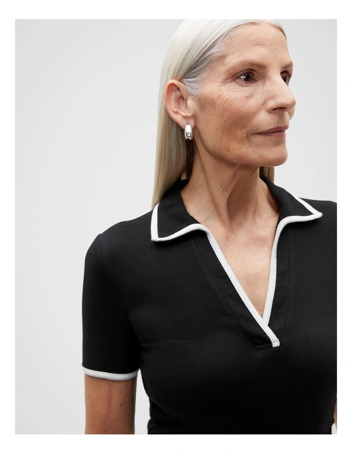 Contrast Rib Polo Top in Black image 3