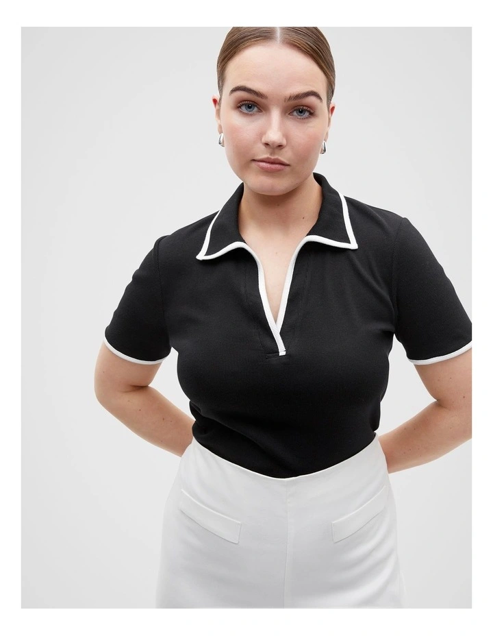 Contrast Rib Polo Top in Black image 5