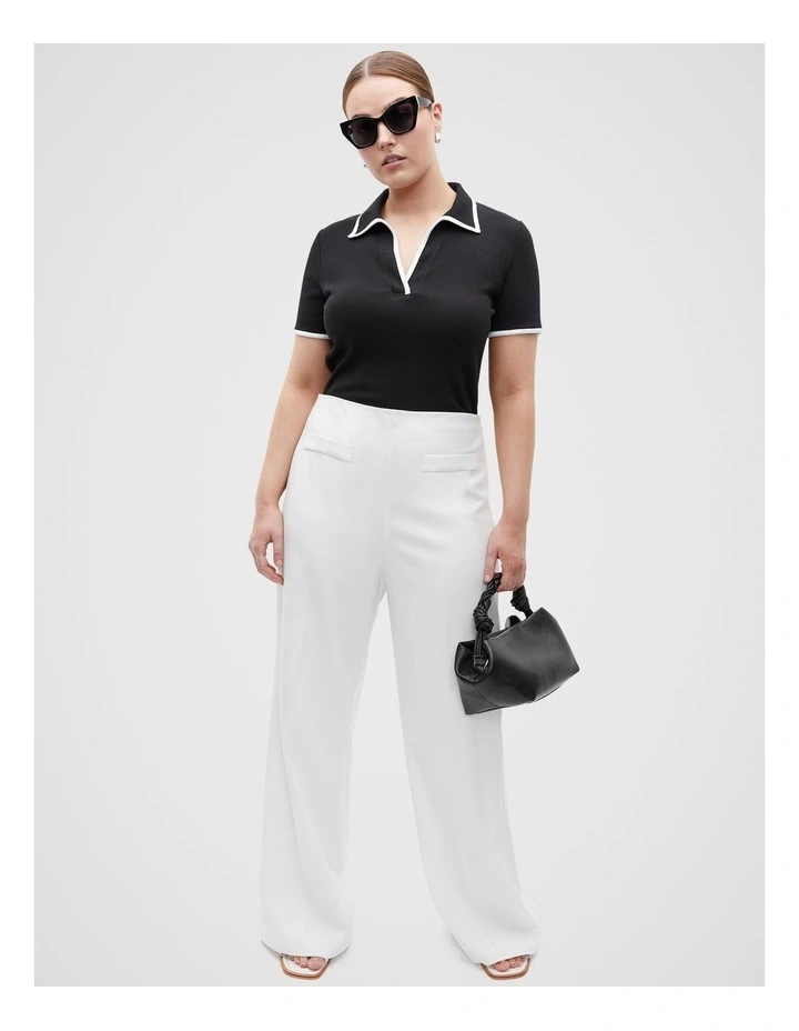 Contrast Rib Polo Top in Black image 7