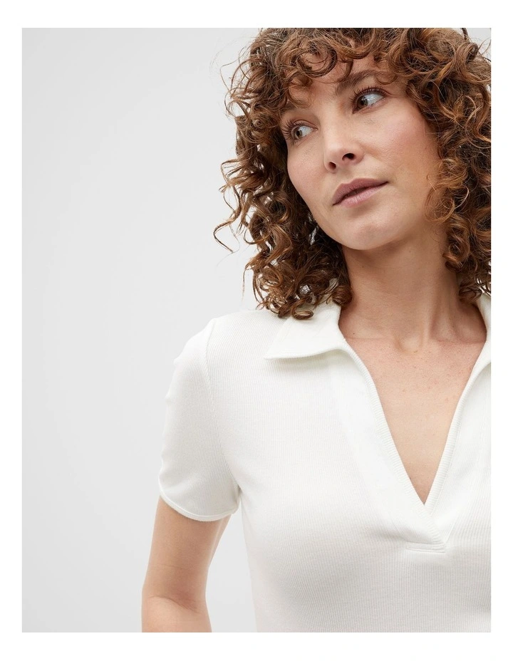 Contrast Rib Polo Top in Cloud Cream image 4