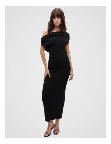 Boucle Knit One Shoulder Dress in Black