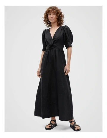 Linen Twist Front Maxi Dress in Black
