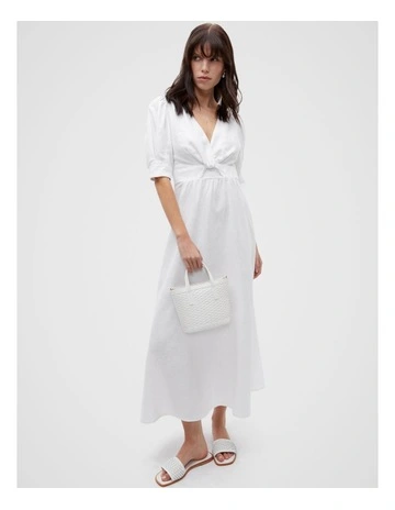 Linen Twist Front Midi Dress in Whisper White