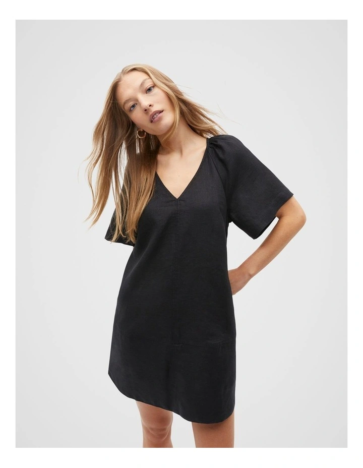 Linen V Neck Flutter Sleeve Mini Dress in Black image 1