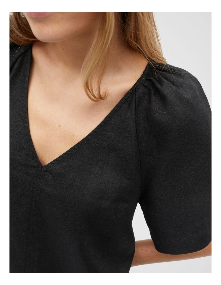 Linen V Neck Flutter Sleeve Mini Dress in Black image 3