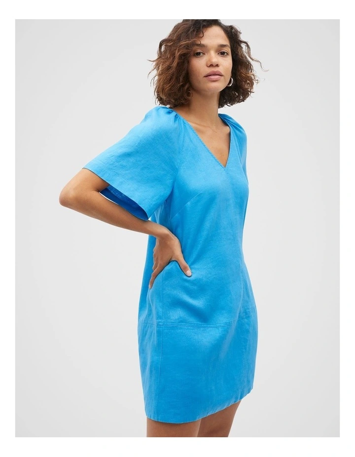 Linen V Neck Flutter Sleeve Mini Dress in Amalfi image 1
