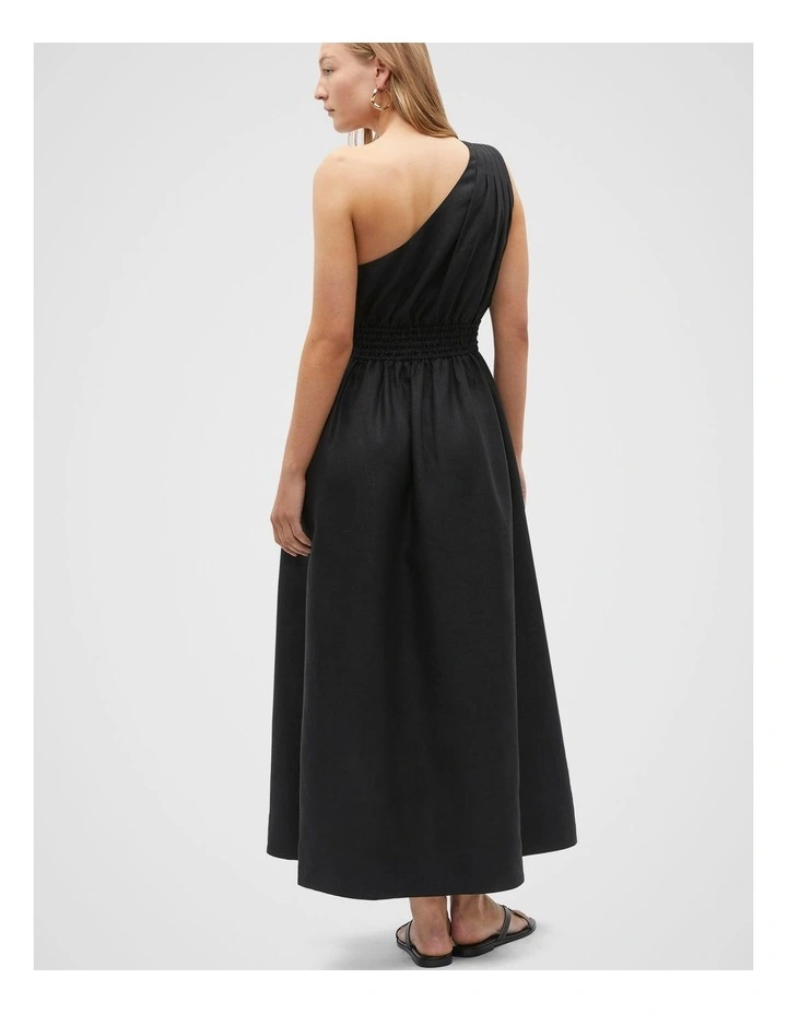 Linen One Shoulder Midi Dress in Black image 2