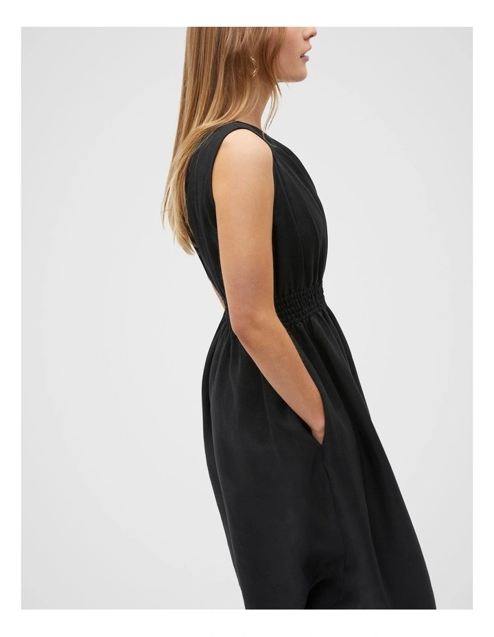 Linen One Shoulder Midi Dress in Black image 3