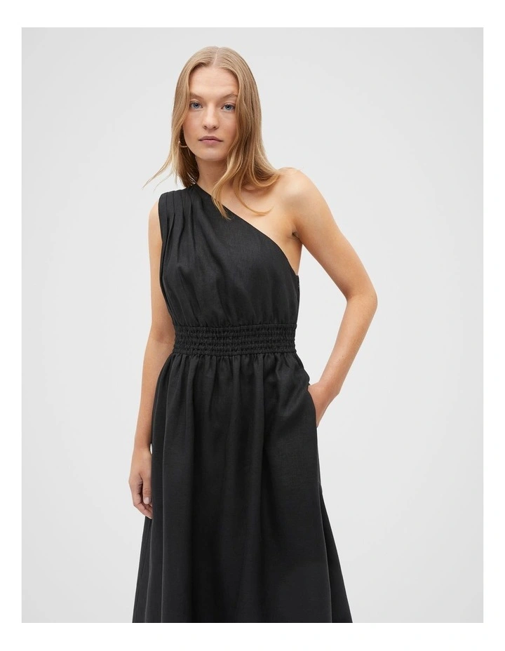 Linen One Shoulder Midi Dress in Black image 4