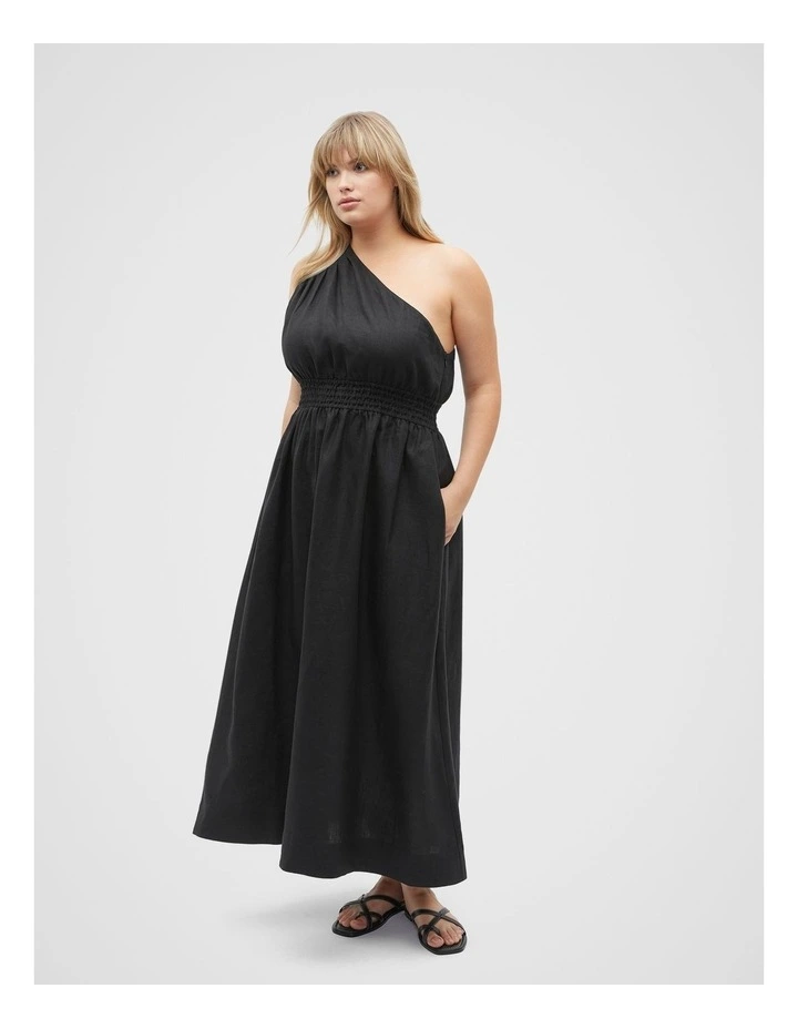 Linen One Shoulder Midi Dress in Black image 5