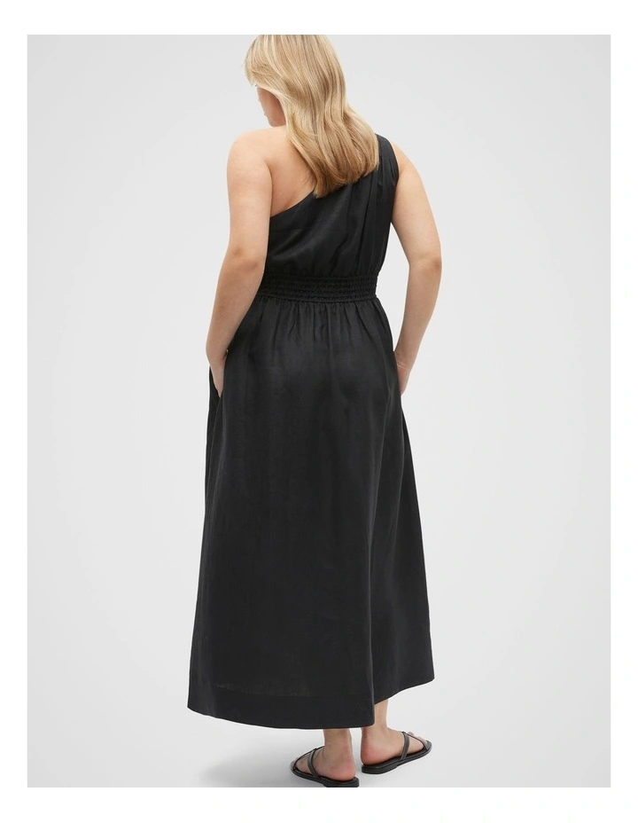 Linen One Shoulder Midi Dress in Black image 6