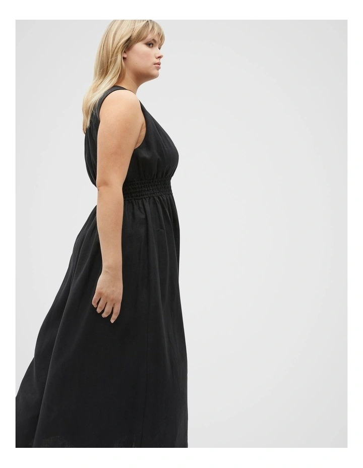 Linen One Shoulder Midi Dress in Black image 7
