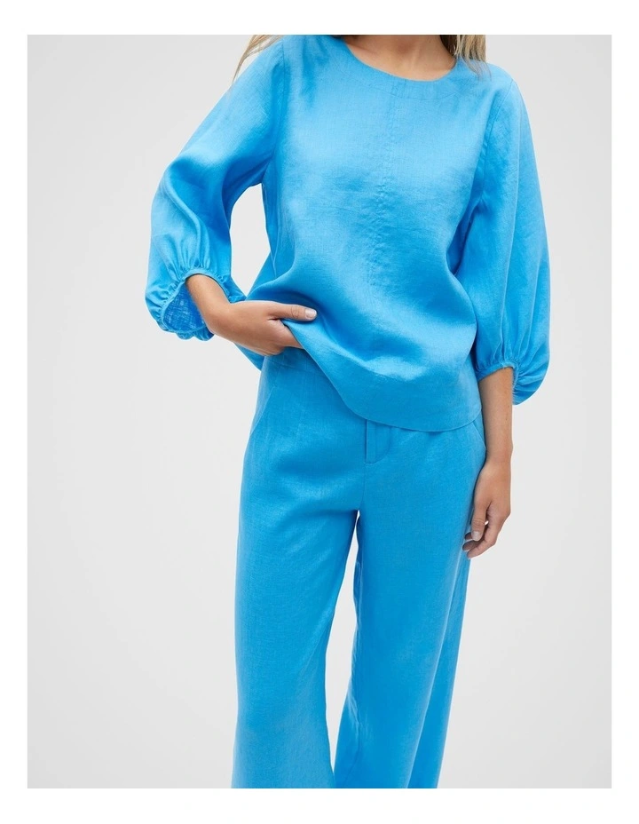 Core Linen Balloon Sleeve Top in Amalfi image 3