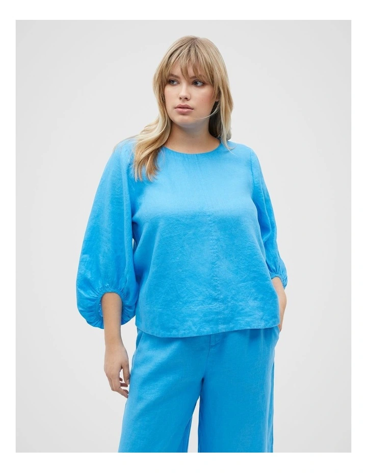 Core Linen Balloon Sleeve Top in Amalfi image 5