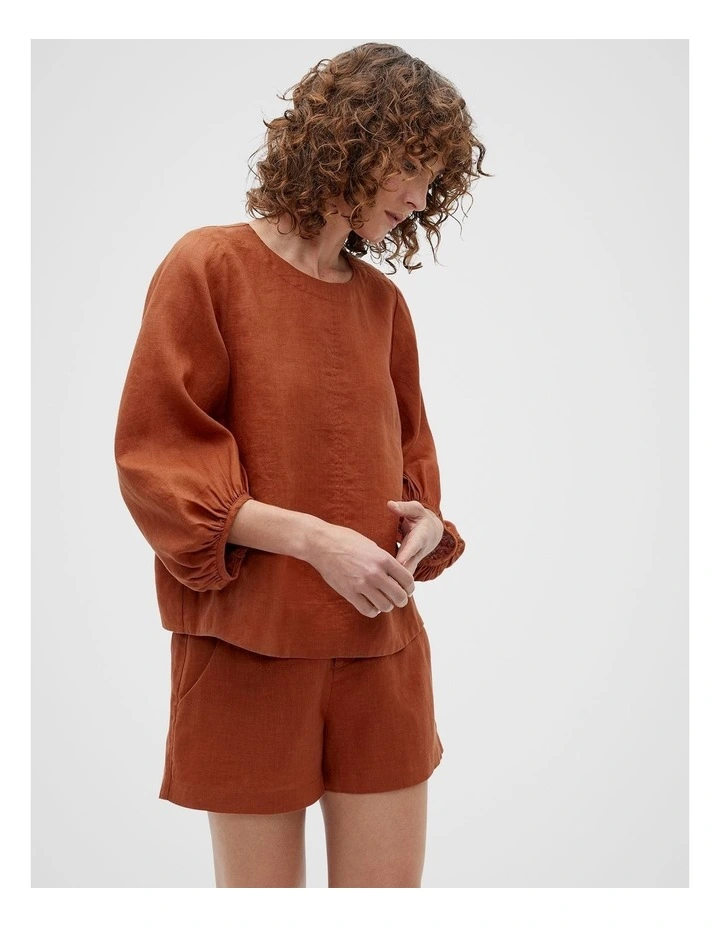Core Linen Balloon Sleeve Top in Brown image 1