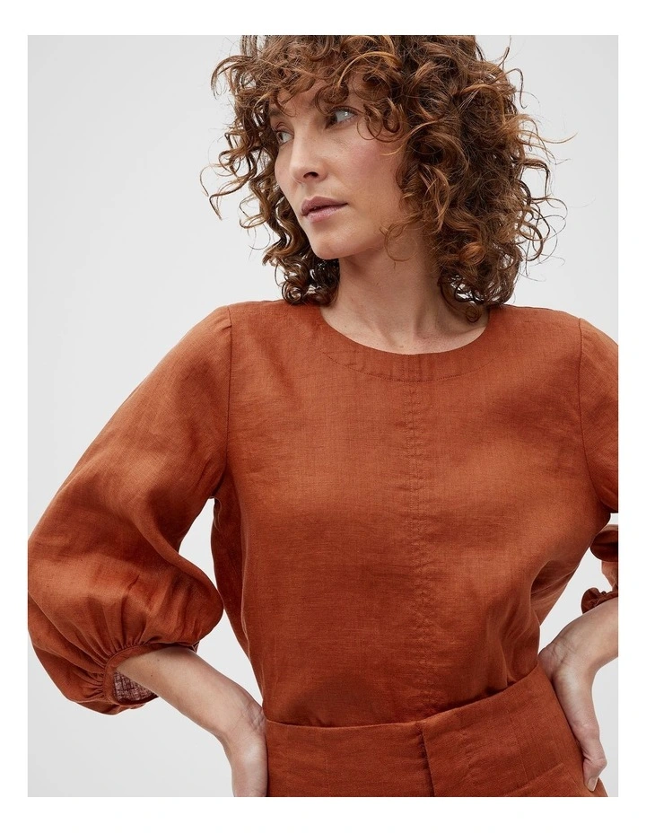 Core Linen Balloon Sleeve Top in Brown image 3