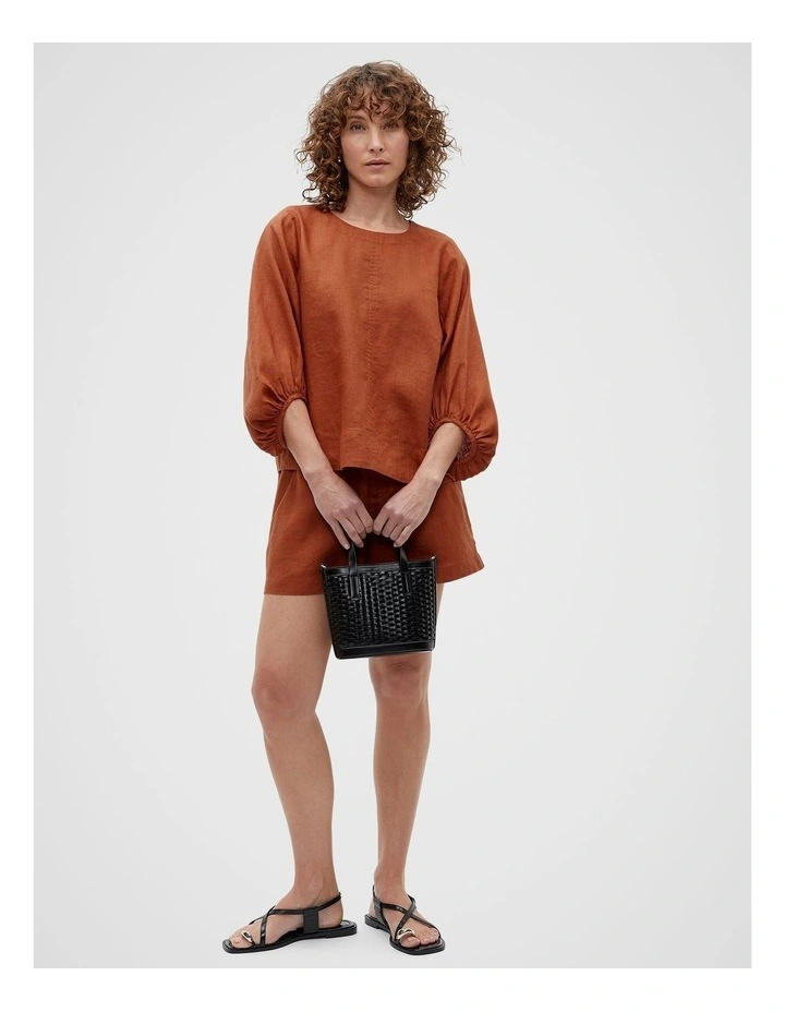 Core Linen Balloon Sleeve Top in Brown image 4