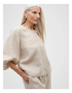 Core Linen Balloon Sleeve Top in Cool Sand