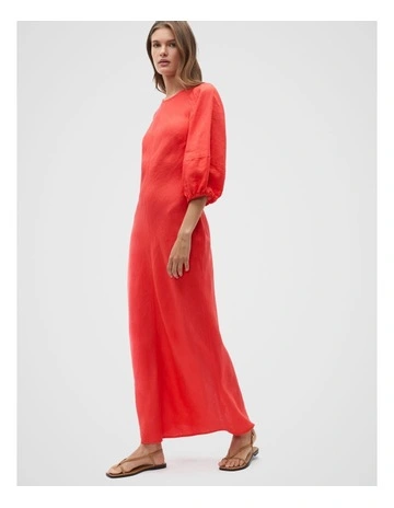 Linen Balloon Sleeve Slip Maxi Dress in Strawberry Red