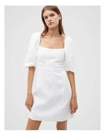 Linen Puff Sleeve Mini Dress in White