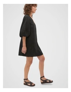 Linen V Neck Seam Detail Mini Dress in Black