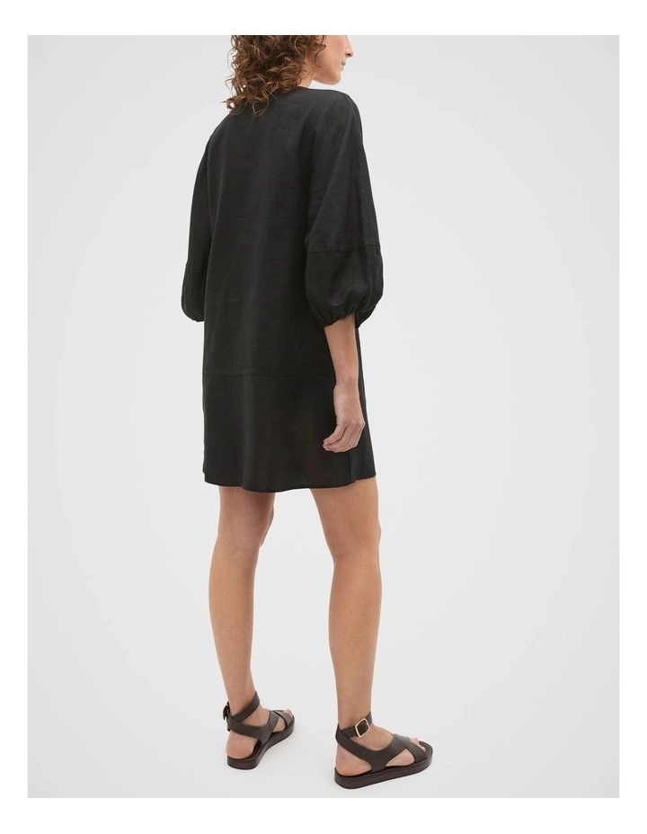 Linen V Neck Seam Detail Mini Dress in Black image 2