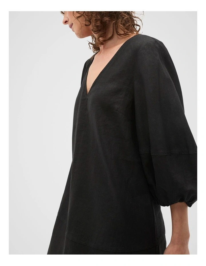 Linen V Neck Seam Detail Mini Dress in Black image 3