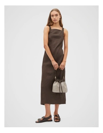 Linen Square Neck Bias Slip Dress in Dark Espresso