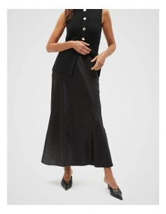 Satin Midi Swing Skirt in Black
