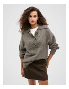 Oversized Twist Slouch Polo Jumper in Brown