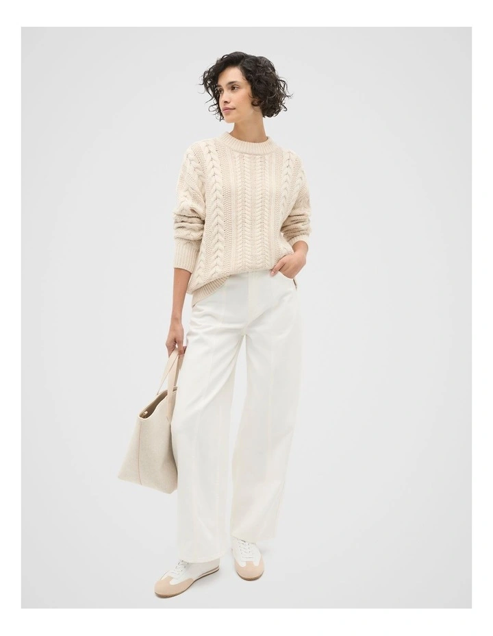 Cable Slouch Crew Neck Knit in Oat Marle image 3