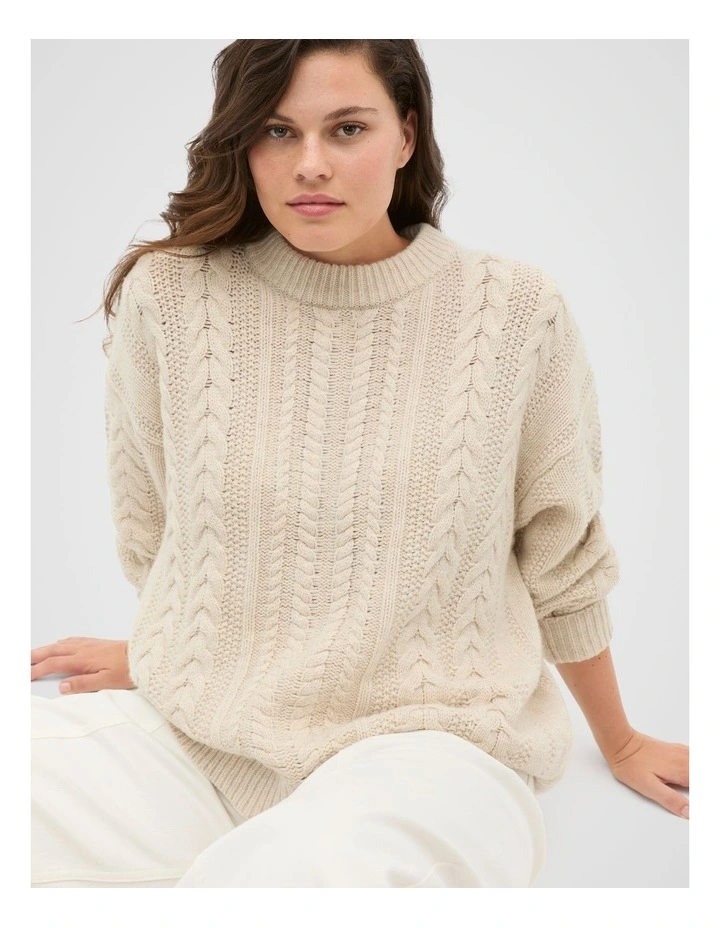 Cable Slouch Crew Neck Knit in Oat Marle image 5