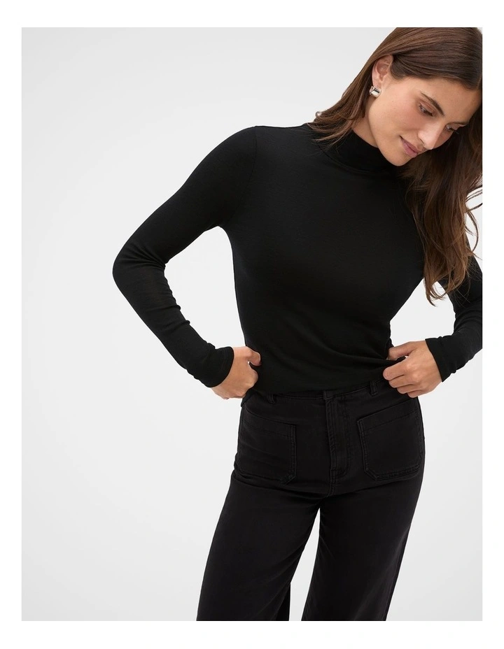 Australian Merino Mock Neck Top in Black image 1
