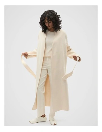 Wool Blend Belted Midi Coat in Coconut Cream Marle