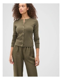 Rib Button Up Cardigan in Olive Leaf