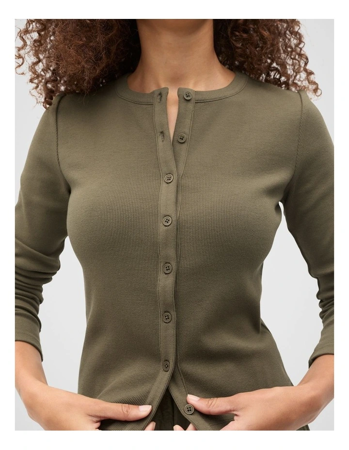Rib Button Up Cardigan in Olive Leaf image 4
