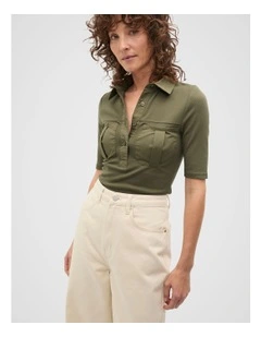 Contrast Placket Polo Top in Olive Leaf