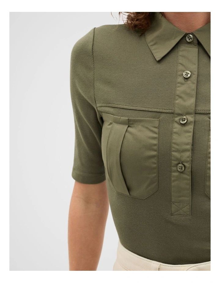 Contrast Placket Polo Top in Olive Leaf image 4