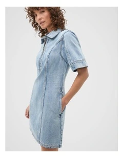 Denim Zip Mini Shirt Dress in Blue Wash