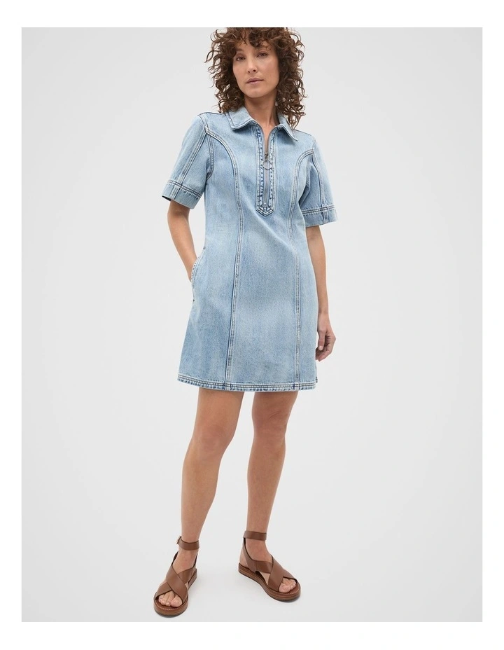Denim Zip Mini Shirt Dress in Blue Wash image 3