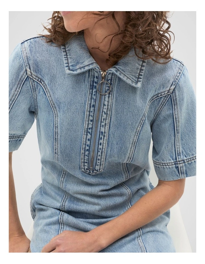 Denim Zip Mini Shirt Dress in Blue Wash image 4