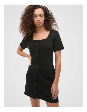 Crepe Knit Short Sleeve Mini Dress in Black