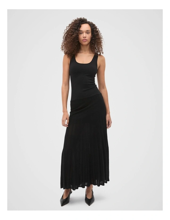 Fine Rib Knit Panel Maxi Dress in Black image 1