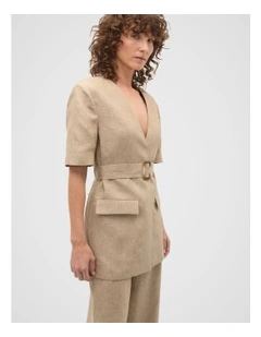 Linen Crossdye Tie Waist Jacket in Brown