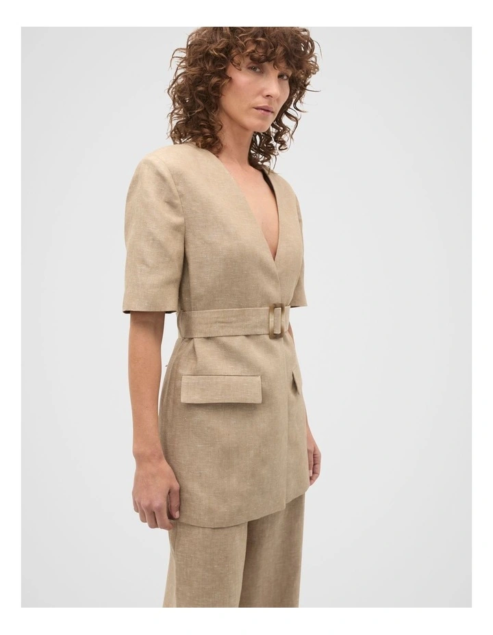 Linen Crossdye Tie Waist Jacket in Brown image 1