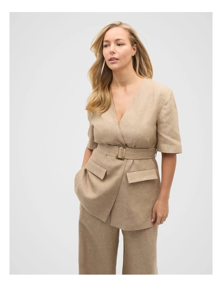 Linen Crossdye Tie Waist Jacket in Brown image 5